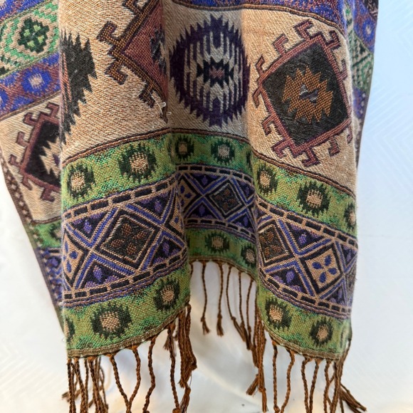 Southwestern Festival Boho Purple Green Open Poncho Shawl Fringe Trim One Size - Picture 3 of 7